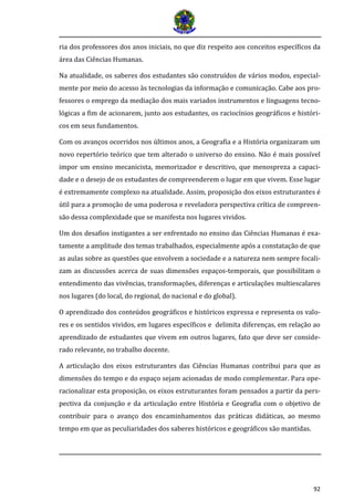 92
ria dos professores dos anos iniciais, no que diz respeito aos conceitos específicos da
área das Ciências Humanas.
Na atualidade, os saberes dos estudantes são construídos de vários modos, especial-
mente por meio do acesso às tecnologias da informação e comunicação. Cabe aos pro-
fessores o emprego da mediação dos mais variados instrumentos e linguagens tecno-
lógicas a fim de acionarem, junto aos estudantes, os raciocínios geográficos e históri-
cos em seus fundamentos.
Com os avanços ocorridos nos últimos anos, a Geografia e a História organizaram um
novo repertório teórico que tem alterado o universo do ensino. Não é mais possível
impor um ensino mecanicista, memorizador e descritivo, que menospreza a capaci-
dade e o desejo de os estudantes de compreenderem o lugar em que vivem. Esse lugar
é extremamente complexo na atualidade. Assim, proposição dos eixos estruturantes é
útil para a promoção de uma poderosa e reveladora perspectiva crítica de compreen-
são dessa complexidade que se manifesta nos lugares vividos.
Um dos desafios instigantes a ser enfrentado no ensino das Ciências Humanas é exa-
tamente a amplitude dos temas trabalhados, especialmente após a constatação de que
as aulas sobre as questões que envolvem a sociedade e a natureza nem sempre focali-
zam as discussões acerca de suas dimensões espaços-temporais, que possibilitam o
entendimento das vivências, transformações, diferenças e articulações multiescalares
nos lugares (do local, do regional, do nacional e do global).
O aprendizado dos conteúdos geográficos e históricos expressa e representa os valo-
res e os sentidos vividos, em lugares específicos e delimita diferenças, em relação ao
aprendizado de estudantes que vivem em outros lugares, fato que deve ser conside-
rado relevante, no trabalho docente.
A articulação dos eixos estruturantes das Ciências Humanas contribui para que as
dimensões do tempo e do espaço sejam acionadas de modo complementar. Para ope-
racionalizar esta proposição, os eixos estruturantes foram pensados a partir da pers-
pectiva da conjunção e da articulação entre História e Geografia com o objetivo de
contribuir para o avanço dos encaminhamentos das práticas didáticas, ao mesmo
tempo em que as peculiaridades dos saberes históricos e geográficos são mantidas.
 