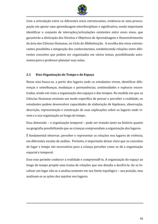 93
Com a articulação entre os diferentes eixos estruturantes, evidencia-se uma preocu-
pação em apoiar uma aprendizagem interdisciplinar e significativa, sendo importante
identificar o conjunto de interações/articulações existentes entre esses eixos, que
garantirão a efetivação dos Direitos e Objetivos de Aprendizagem e Desenvolvimento
da área das Ciências Humanas, no Ciclo de Alfabetização. A escolha dos eixos estrutu-
rantes possibilita a integração dos conhecimentos, estabelecendo relações entre dife-
rentes conceitos que podem ser organizados em vários temas, possibilitando auto-
nomia para o professor planejar suas aulas.
2.1 Eixo Organização do Tempo e do Espaço
Nesse eixo busca-se, a partir dos lugares onde os estudantes vivem, identificar dife-
renças e semelhanças, mudanças e permanências, continuidades e rupturas encon-
tradas, tendo em vista a organização dos espaços e dos tempos. Na medida em que as
Ciências Humanas ensinam um modo específico de pensar e perceber a realidade, os
estudantes podem desenvolver capacidades de elaboração de hipóteses, observação,
descrição, representação e construção de suas explicações sobre os lugares onde vi-
vem e a sua organização ao longo do tempo.
Essa dimensão – a organização temporal – pode ser tratada tanto na história quanto
na geografia possibilitando que as crianças compreendam a organização dos lugares.
É fundamental observar, perceber e representar as relações nos lugares de vivência,
em diferentes escalas de análise. Portanto, é importante deixar claro que os conceitos
de lugar e tempo são necessários para a criança perceber como se dá a organização
espacial e temporal.
Esse eixo permite conhecer a realidade e compreendê-la. A organização do espaço ao
longo do tempo propõe uma trama de relações que nos desafia a decifrá-la. Ao se lo-
calizar um lugar não se o analisa somente em seu limite topológico – sua posição, mas
analisam-se as ações dos sujeitos nos lugares.
 