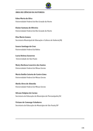 136 
ÁREA DE CIÊNCIAS DA NATUREZA 
Edna Maria da Silva 
Universidade Federal do Rio Grande do Norte 
Elaine Santana de Oliveira 
Universidade Federal do Rio Grande do Norte 
Elza Maria Gomes 
Secretaria Municipal de Educação e Cultura de Itaboraí/RJ 
Izaura Santiago da Cruz 
Universidade Federal da Bahia 
Lucia Helena Sasseron 
Universidade de São Paulo 
Mairy Barbosa Loureiro dos Santos 
Universidade Federal de Minas Gerais 
Maria Emília Caixeta de Castro Lima 
Universidade Federal de Minas Gerais 
Sheila Alves de Almeida 
Universidade Federal de Minas Gerais 
Silvane Dalpiaz do Carmo 
Secretaria de Educação do Município de Florianópolis/SC 
Viviane de Camargo Valadares 
Secretaria de Educação do Município de São Paulo/SP 
 