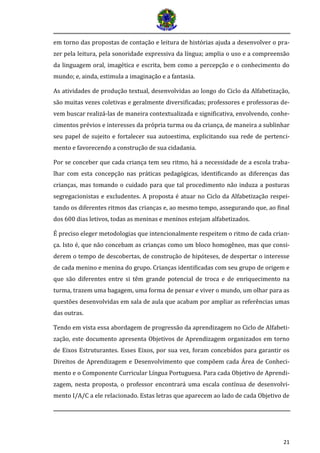 21 
em torno das propostas de contação e leitura de histórias ajuda a desenvolver o pra- zer pela leitura, pela sonoridade expressiva da língua; amplia o uso e a compreensão da linguagem oral, imagética e escrita, bem como a percepção e o conhecimento do mundo; e, ainda, estimula a imaginação e a fantasia. 
As atividades de produção textual, desenvolvidas ao longo do Ciclo da Alfabetização, são muitas vezes coletivas e geralmente diversificadas; professores e professoras de- vem buscar realizá-las de maneira contextualizada e significativa, envolvendo, conhe- cimentos prévios e interesses da própria turma ou da criança, de maneira a sublinhar seu papel de sujeito e fortalecer sua autoestima, explicitando sua rede de pertenci- mento e favorecendo a construção de sua cidadania. Por se conceber que cada criança tem seu ritmo, há a necessidade de a escola traba- lhar com esta concepção nas práticas pedagógicas, identificando as diferenças das crianças, mas tomando o cuidado para que tal procedimento não induza a posturas segregacionistas e excludentes. A proposta é atuar no Ciclo da Alfabetização respei- tando os diferentes ritmos das crianças e, ao mesmo tempo, assegurando que, ao final dos 600 dias letivos, todas as meninas e meninos estejam alfabetizados. 
É preciso eleger metodologias que intencionalmente respeitem o ritmo de cada crian- ça. Isto é, que não concebam as crianças como um bloco homogêneo, mas que consi- derem o tempo de descobertas, de construção de hipóteses, de despertar o interesse de cada menino e menina do grupo. Crianças identificadas com seu grupo de origem e que são diferentes entre si têm grande potencial de troca e de enriquecimento na turma, trazem uma bagagem, uma forma de pensar e viver o mundo, um olhar para as questões desenvolvidas em sala de aula que acabam por ampliar as referências umas das outras. 
Tendo em vista essa abordagem de progressão da aprendizagem no Ciclo de Alfabeti- zação, este documento apresenta Objetivos de Aprendizagem organizados em torno de Eixos Estruturantes. Esses Eixos, por sua vez, foram concebidos para garantir os Direitos de Aprendizagem e Desenvolvimento que compõem cada Área de Conheci- mento e o Componente Curricular Língua Portuguesa. Para cada Objetivo de Aprendi- zagem, nesta proposta, o professor encontrará uma escala contínua de desenvolvi- mento I/A/C a ele relacionado. Estas letras que aparecem ao lado de cada Objetivo de  