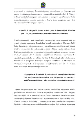 90 
compreensão e reconstrução da vida cotidiana do estudante para que ele compreenda o modo de vida dos sujeitos em tempos e espaços diferenciados. No Ciclo de Alfabeti- zação deve-se trabalhar na perspectiva de como as crianças se identificam em relação ao outro para depois compararem seu modo de viver como criança com o de outras crianças, em diferentes tempos e espaços. 
IV. Conhecer e respeitar o modo de vida (crenças, alimentação, vestuário, fala e etc.) de grupos diversos, nos diferentes tempos e espaços. 
O conhecimento sobre a diversidade dos grupos sociais e seus modos de vida nos permite pensar a organização da sociedade baseada no respeito às diferenças. As Ci- ências Humanas permitem compreender a pluralidade das experiências individuais e coletivas em seus aspectos culturais, econômicos, políticos, sociais, etnicorraciais e de gênero relacionados aos processos de continuidade, rupturas, mudanças e perma- nências, bem como estabelecer relações identificando diferenças e semelhanças, de- sigualdades, contradições e conflitos. No Ciclo de Alfabetização são trabalhadas as diversidades, na perspectiva de como as crianças se identificam e se diferenciam em relação ao outro para depois compararem seu modo de viver como criança com o de outras crianças em diferentes tempos e espaços. 
V. Apropriar-se de métodos de pesquisa e de produção de textos das Ciências Humanas, aprendendo a observar, analisar, ler e interpre- tar diferentes paisagens, registros escritos, iconográficos e sonoros. 
O ensino e a aprendizagem nas Ciências Humanas, baseados em métodos de investi- gação científica, possibilitam a análise e compreensão da sociedade e sua complexi- dade. Isso requer que os estudantes tenham contato com as mais variadas fontes his- tóricas e geográficas, de modo que desenvolvam capacidade de leitura, análise, inter- pretação, inferência, avaliação crítica, síntese e narrativa; de modo que busquem in- formações em fontes diversas. No Ciclo de Alfabetização a observação das paisagens e  