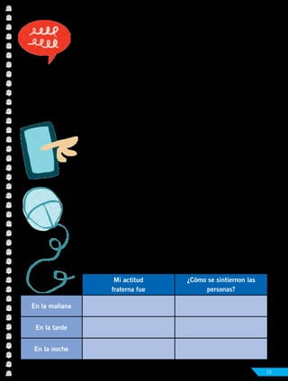 Unidad 1
Dios comunica su mensaje de salvación 33
En la mañana
En la tarde
En la noche
Mi actitud
fraterna fue
¿Cómo se sintiernon las
personas?
Actividad Nº4: Elige una red social y responde.
•	 ¿Cuándo se hace un buen uso de esta red social?	
•	 ¿Cuándo se hace un mal uso de esta red social?
El uso de la tecnología y la comunicación entre las personas
En tiempos de Jesús no existía el computador, celulares o internet. La
comunicación oral y escrita eran las más usadas para comunicarse.
En el NT las cartas o epístolas transmitían el testimonio de los
discípulos cuando vivieron con Jesús. Tal vez pudieron escribir otras
cosas, pero prefirieron aprovechar al máximo este recurso con un
claro propósito: anunciar el mensaje de Jesús.
En nuestra vida estamos rodeados de tecnología y a veces se nos
pasa el día utilizándola, pero ¿cuánto tiempo dedicamos a compartir
con nuestra familia, amigos, compañeros, vecinos? El equilibrio
entre lo tecnológico y la convivencia con quienes nos rodean nos
hará crecer en armonía y estabilidad.
Actividad Nº5: Realiza una comparación del tiempo utilizado en
el uso de la tecnología y en compartir con quienes te rodean.
Toma como referencia un día sábado o domingo.
 