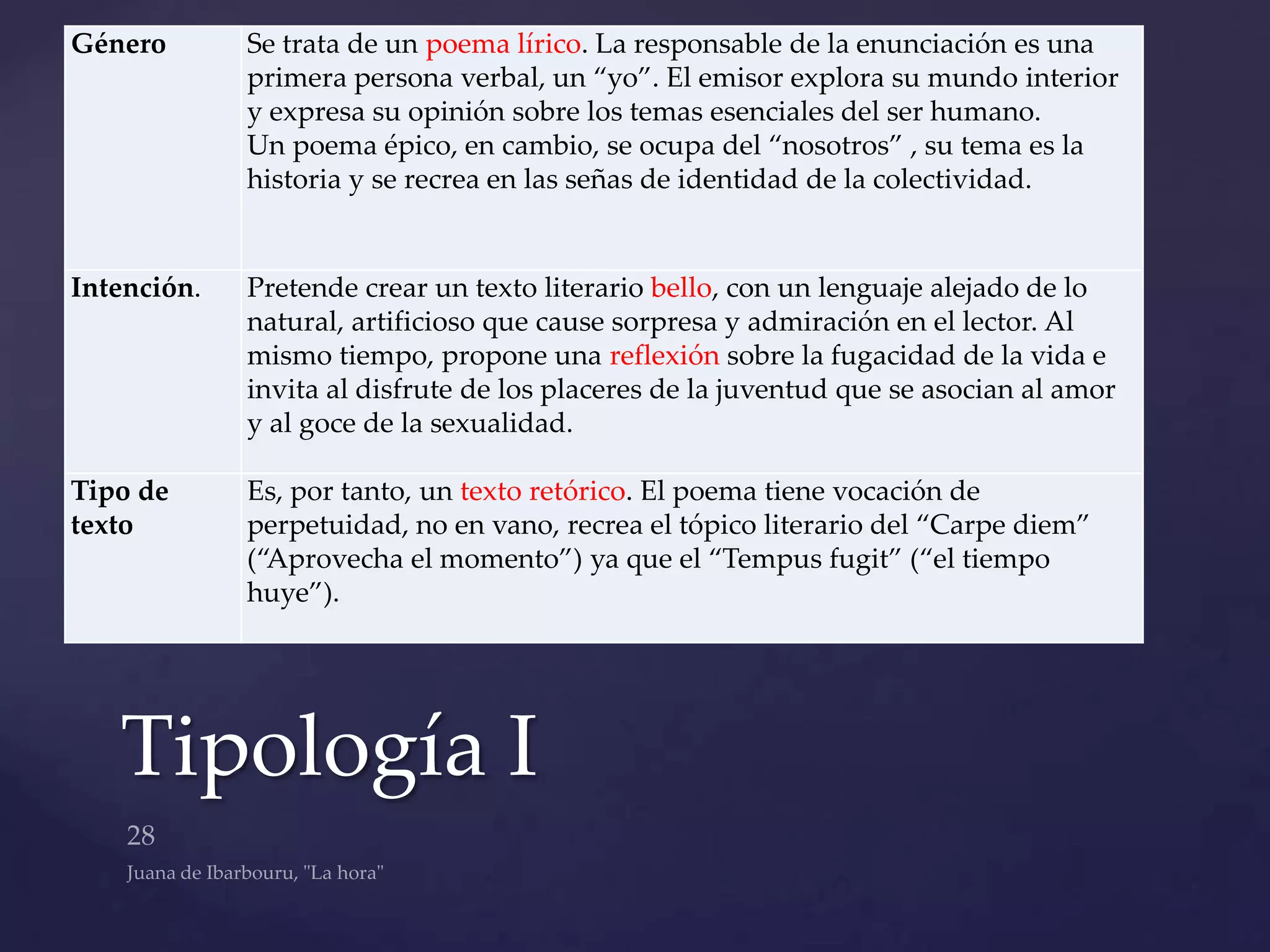 Género       Se trata de un poema lírico. La responsable de la enunciación es una
             primera persona verbal, un “yo”. El emisor explora su mundo interior
             y expresa su opinión sobre los temas esenciales del ser humano.
             Un poema épico, en cambio, se ocupa del “nosotros” , su tema es la
             historia y se recrea en las señas de identidad de la colectividad.


Intención.   Pretende crear un texto literario bello, con un lenguaje alejado de lo
             natural, artificioso que cause sorpresa y admiración en el lector. Al
             mismo tiempo, propone una reflexión sobre la fugacidad de la vida e
             invita al disfrute de los placeres de la juventud que se asocian al amor
             y al goce de la sexualidad.

Tipo de      Es, por tanto, un texto retórico. El poema tiene vocación de
texto        perpetuidad, no en vano, recrea el tópico literario del “Carpe diem”
             (“Aprovecha el momento”) ya que el “Tempus fugit” (“el tiempo
             huye”).




   Tipología I
 