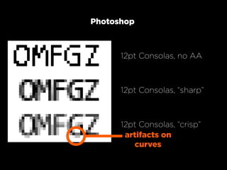 Photoshop



      12pt Consolas, no AA



      12pt Consolas, “sharp”



      12pt Consolas, “crisp”
       artifacts on
         curves
 