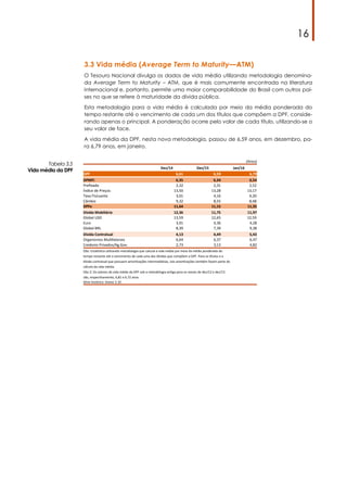16
3.3 Vida média (Average Term to Maturity—ATM)
O Tesouro Nacional divulga os dados de vida média utilizando metodologia denomina-
da Average Term to Maturity – ATM, que é mais comumente encontrada na literatura
internacional e, portanto, permite uma maior comparabilidade do Brasil com outros paí-
ses no que se refere à maturidade da dívida pública.
Esta metodologia para a vida média é calculada por meio da média ponderada do
tempo restante até o vencimento de cada um dos títulos que compõem a DPF, conside-
rando apenas o principal. A ponderação ocorre pelo valor de cada título, utilizando-se o
seu valor de face.
A vida média da DPF, nesta nova metodologia, passou de 6,59 anos, em dezembro, pa-
ra 6,79 anos, em janeiro.
Tabela 3.5
Vida média da DPF
(Anos)
Dez/14 Dez/15 Jan/16
DPF 6,61 6,59 6,79
DPMFi 6,35 6,34 6,54
Preﬁxado 2,32 2,31 2,52
Índice de Preços 13,50 13,28 13,17
Taxa Flutuante 3,01 4,16 4,20
Câmbio 9,32 8,55 8,48
DPFe 11,64 11,15 11,35
Dívida Mobiliária 12,36 11,75 11,97
Global USD 13,59 12,65 12,59
Euro 3,91 4,36 4,28
Global BRL 8,39 7,39 9,38
Dívida Contratual 4,13 4,49 5,43
Organismos Mul;laterais 6,64 6,37 6,47
Credores Privados/Ag.Gov. 2,73 3,13 4,82
Obs: EstaGs;ca u;lizando metodologia que calcula a vida média por meio da média ponderada do
tempo restante até o vencimento de cada uma das dívidas que compõem a DPF. Para os Gtulos e a
dívida contratual que possuem amor;zações intermediárias, tais amor;zações também fazem parte do
cálculo da vida média.
Obs 2: Os valores da vida média da DPF sob a metodologia an;ga para os meses de dez/12 e dez/13
são, respec;vamente, 6,81 e 6,72 anos.
Série histórica: Anexo 3.10
 