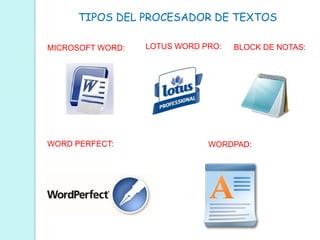 TIPOS DEL PROCESADOR DE TEXTOS 
MICROSOFT WORD: 
WORD PERFECT: 
LOTUS WORD PRO: BLOCK DE NOTAS: 
WORDPAD: 
 