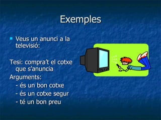 Exemples Veus un anunci a la televisió:  Tesi: compra’t el cotxe que s’anuncia Arguments:  - és un bon cotxe - és un cotxe segur - té un bon preu 