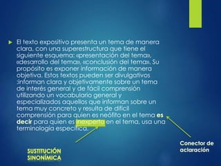  El texto expositivo presenta un tema de manera
clara, con una superestructura que tiene el
siguiente esquema: «presentación del tema»,
«desarrollo del tema», «conclusión del tema». Su
propósito es exponer información de manera
objetiva. Estos textos pueden ser divulgativos
:informan clara y objetivamente sobre un tema
de interés general y de fácil comprensión
utilizando un vocabulario general y
especializados aquellos que informan sobre un
tema muy concreto y resulta de difícil
comprensión para quien es neófito en el tema
para quien es inexperto en el tema, usa una
terminología específica.
 