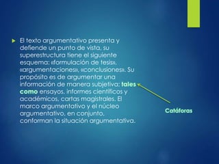  El texto argumentativo presenta y
defiende un punto de vista, su
superestructura tiene el siguiente
esquema: «formulación de tesis»,
«argumentaciones», «conclusiones». Su
propósito es de argumentar una
información de manera subjetiva;
ensayos, informes científicos y
académicos, cartas magistrales. El
marco argumentativo y el núcleo
argumentativo, en conjunto,
conforman la situación argumentativa.
 