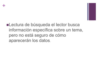 Lectura de búsqueda el lector busca información específica sobre un tema, pero no está seguro de cómo aparecerán los datos.