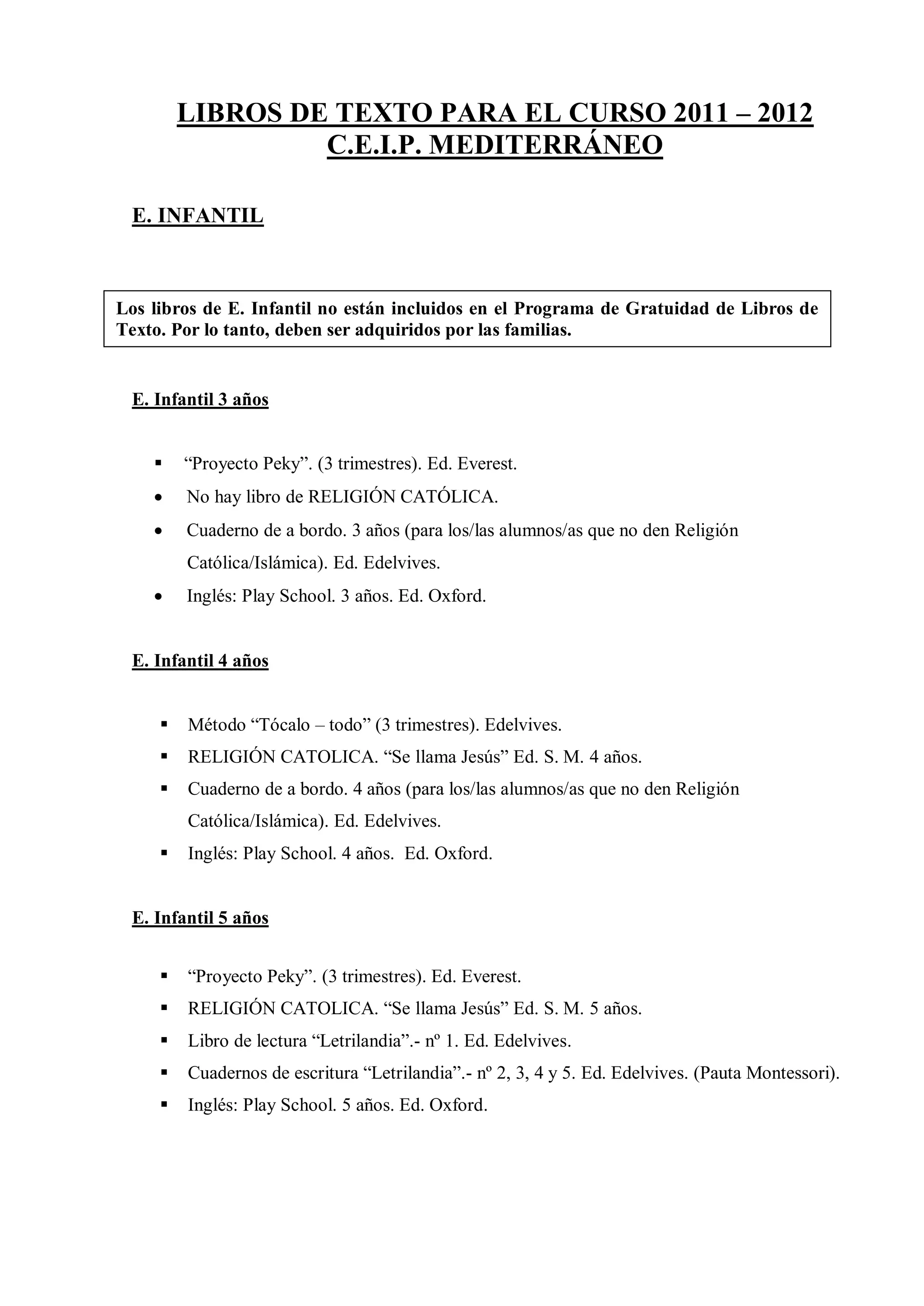 LIBROS DE TEXTO PARA EL CURSO 2011 – 2012
                  C.E.I.P. MEDITERRÁNEO

 E. INFANTIL



Los libros de E. Infantil no están incluidos en el Programa de Gratuidad de Libros de
Texto. Por lo tanto, deben ser adquiridos por las familias.


 E. Infantil 3 años


        “Proyecto Peky”. (3 trimestres). Ed. Everest.
        No hay libro de RELIGIÓN CATÓLICA.
        Cuaderno de a bordo. 3 años (para los/las alumnos/as que no den Religión
         Católica/Islámica). Ed. Edelvives.
        Inglés: Play School. 3 años. Ed. Oxford.


 E. Infantil 4 años


        Método “Tócalo – todo” (3 trimestres). Edelvives.
        RELIGIÓN CATOLICA. “Se llama Jesús” Ed. S. M. 4 años.
        Cuaderno de a bordo. 4 años (para los/las alumnos/as que no den Religión
         Católica/Islámica). Ed. Edelvives.
        Inglés: Play School. 4 años. Ed. Oxford.


 E. Infantil 5 años


        “Proyecto Peky”. (3 trimestres). Ed. Everest.
        RELIGIÓN CATOLICA. “Se llama Jesús” Ed. S. M. 5 años.
        Libro de lectura “Letrilandia”.- nº 1. Ed. Edelvives.
        Cuadernos de escritura “Letrilandia”.- nº 2, 3, 4 y 5. Ed. Edelvives. (Pauta Montessori).
        Inglés: Play School. 5 años. Ed. Oxford.
 