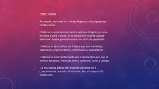 CONCLUSIÓN
Por medio del anterior trabajo llegamos a las siguientes
conclusiones.
-El discurso es el razonamiento extenso dirigido por una
persona a otra u otras, es la exposición oral de alguna
extensión hecha generalmente con el fin de persuadir.
-El discurso se clasifica en 5 tipos que son narrativo,
expositivo, argumentativo, informativo y publicitario.
-El discurso esta conformado por 7 elementos que son el
emisor, receptor, mensaje, tema, contexto, canal y código.
-La estructura básica del discurso consiste en 3
componentes que son la introducción, el cuerpo y la
conclusión.
 