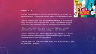 CLASIFICACIÓN
-Discurso narrativo: tiene una estructura literaria compuesta de un inicio, un
desarrollo y un fin. Es utilizado en discursos literarios y en discursos noticiarios.
-Discurso expositivo: tiene como objetivo exponer y explicar un concepto, una
idea o una opinión. Debe caracterizarse por ser clara, concisa y objetiva. Suele
dividirse en: discurso explicativo, discurso descriptivo, discurso de definición.
-Discurso argumentativo: tiene como fin convencer al público, a través de
argumentos, sobre una postura, tesis o idea que se desea demostrar.
-Discurso informativo: tiene la finalidad de informar por lo tanto usa un discurso
indirecto en tercera persona y suele ser restricto a hechos y no a opiniones.
También es llamado como discurso referencial.
-Discurso publicitario: tiene como función vender algún servicio o producto. Suele
ser entretenido y dinámico.
 