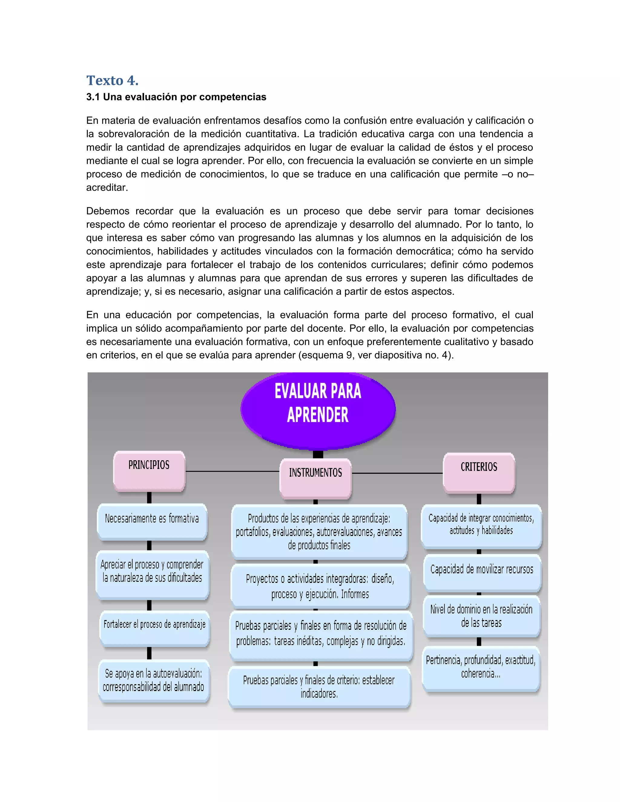 Texto 4.
3.1 Una evaluación por competencias

En materia de evaluación enfrentamos desafíos como la confusión entre evaluación y calificación o
la sobrevaloración de la medición cuantitativa. La tradición educativa carga con una tendencia a
medir la cantidad de aprendizajes adquiridos en lugar de evaluar la calidad de éstos y el proceso
mediante el cual se logra aprender. Por ello, con frecuencia la evaluación se convierte en un simple
proceso de medición de conocimientos, lo que se traduce en una calificación que permite –o no–
acreditar.

Debemos recordar que la evaluación es un proceso que debe servir para tomar decisiones
respecto de cómo reorientar el proceso de aprendizaje y desarrollo del alumnado. Por lo tanto, lo
que interesa es saber cómo van progresando las alumnas y los alumnos en la adquisición de los
conocimientos, habilidades y actitudes vinculados con la formación democrática; cómo ha servido
este aprendizaje para fortalecer el trabajo de los contenidos curriculares; definir cómo podemos
apoyar a las alumnas y alumnas para que aprendan de sus errores y superen las dificultades de
aprendizaje; y, si es necesario, asignar una calificación a partir de estos aspectos.

En una educación por competencias, la evaluación forma parte del proceso formativo, el cual
implica un sólido acompañamiento por parte del docente. Por ello, la evaluación por competencias
es necesariamente una evaluación formativa, con un enfoque preferentemente cualitativo y basado
en criterios, en el que se evalúa para aprender (esquema 9, ver diapositiva no. 4).
 