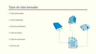 Tipos de citas textuales
 Citas destacadas.
 Citas integradas.
 Citas de parafraseo.
 Citas de apoyo.
 Citas de expansión.
 Cita de cita.
 