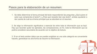 Pasos para la elaboración de un resumen:
1. Se debe determinar el tema principal del texto respondiendo las preguntas ¿Qué quiere el
autor que comprenda el lector? y ¿Para qué necesito leer ese texto?, ambas ayudarán a
dar cuenta de cuál es el tema principal que se abordará en el resumen.
2. Se elige la información significativa o esencial de entre toda la información que se leyó.
Hay que recordar quitar los ejemplos, las comparaciones, en fin, toda la información que se
podría considerar secundaria de acuerdo con tu objetivo de lectura.
3. Si en el texto existen datos que se pueden englobar en una sola categoría es conveniente
hacerlo; generalizar es otra forma de resumir la información.
 