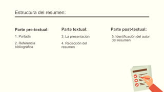 Estructura del resumen:
Parte pre-textual:
1. Portada
2. Referencia
bibliográfica
Parte textual: Parte post-textual:
3. La presentación
4. Redacción del
resumen
5. Identificación del autor
del resumen
 