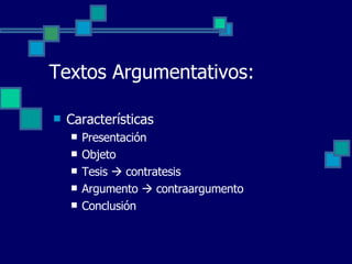 Características Presentación Objeto Tesis    contratesis Argumento    contraargumento Conclusión  Textos Argumentativos: 