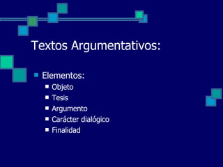 Elementos: Objeto Tesis Argumento Carácter dialógico Finalidad  Textos Argumentativos: 