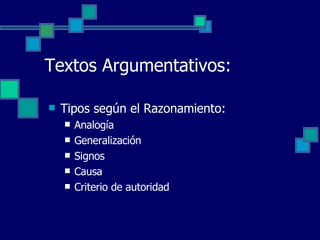 Tipos según el Razonamiento: Analogía Generalización Signos Causa Criterio de autoridad Textos Argumentativos: 