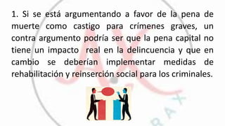 1. Si se está argumentando a favor de la pena de
muerte como castigo para crímenes graves, un
contra argumento podría ser que la pena capital no
tiene un impacto real en la delincuencia y que en
cambio se deberían implementar medidas de
rehabilitación y reinserción social para los criminales.
 