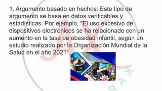 1. Argumento basado en hechos: Este tipo de
argumento se basa en datos verificables y
estadísticas. Por ejemplo, "El uso excesivo de
dispositivos electrónicos se ha relacionado con un
aumento en la tasa de obesidad infantil, según un
estudio realizado por la Organización Mundial de la
Salud en el año 2021".
 