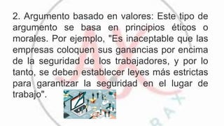 2. Argumento basado en valores: Este tipo de
argumento se basa en principios éticos o
morales. Por ejemplo, "Es inaceptable que las
empresas coloquen sus ganancias por encima
de la seguridad de los trabajadores, y por lo
tanto, se deben establecer leyes más estrictas
para garantizar la seguridad en el lugar de
trabajo".
 