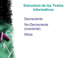 Estructura de los Textos Informativos Decreciente No-Decreciente (creciente) Mixta 