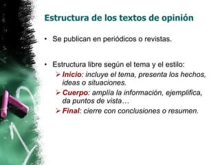 Estructura de los textos de opinión Se publican en periódicos o revistas. Estructura libre según el tema y el estilo: Inicio : incluye el tema, presenta los hechos, ideas o situaciones. Cuerpo : amplía la información, ejemplifica, da puntos de vista… Final : cierre con conclusiones o resumen. 