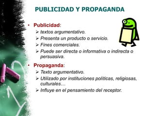 PUBLICIDAD Y PROPAGANDA Publicidad :  textos argumentativo.  Presenta un producto o servicio.  Fines comerciales.  Puede ser directa o informativa o indirecta o persuasiva. Propaganda : Texto argumentativo. Utilizado por instituciones políticas, religiosas, culturales… Influye en el pensamiento del receptor. 