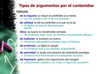 Tipos de argumentos por el contenidos TOPICOS  de la mayoría : lo mayor es preferible a lo menor . Les ha votado el 80 % de los electores. de utilidad : lo útil es preferible a lo que no lo es.       El dinero no hace la felicidad pero ayuda.                                      ético :  es bueno lo moralmente correcto . No podemos dejar morir de hambre a la población africana. de tradición : la tradición es buena. Nuestros antepasados pasaban aquí el invierno. de evidencia . La lógica lo apoya.  Es evidente que si no estudias suspenderás. de autoridad :  lo avala una persona de reconocido prestigio . Einstein creía firmemente en la estupidez humana. Ad hóminem : apela a los argumentos del receptor ¿Asesinarían ustedes a su mujer si dejara de quererle? 