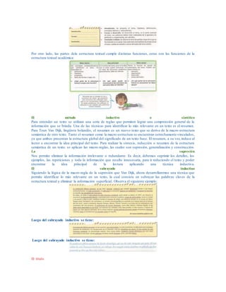 Por otro lado, las partes dela estructura textual cumple distintas funciones, estas son las funciones de la
estructura textual académica:
El método inductivo o sintético
Para entender un texto se utilizan una serie de reglas que permiten lograr una comprensión general de la
información que se brinda. Una de las técnicas para identificar lo más relevante en un texto es el resumen.
Para Teun Van Dijk, lingüista holandés, el resumen es un nuevo texto que se deriva de la macro-estructura
semántica de otro texto. Tanto el resumen como la macro-estructura se encuentran estrechamente vinculados,
ya que ambos presentan la estructura global del significado de un texto base. El resumen, a su vez, induce al
lector a encontrar la idea principal del texto. Para realizar la síntesis, reducción o resumen de la estructura
semántica de un texto, se aplican las macro-reglas, las cuales son supresión, generalización y construcción.
La supresión
Nos permite eliminar la información irrelevante o redundante. Es decir, debemos suprimir los detalles, los
ejemplos, las repeticiones y toda la información que resulte innecesaria, para ir reduciendo el texto y poder
encontrar la idea principal de la lectura aplicando una técnica inductiva.
El subrayado inductiuo
Siguiendo la lógica de la macro-regla de la supresión que Van Dijk, ahora desarrollaremos una técnica que
permite identificar lo más relevante en un texto, la cual consiste en subrayar las palabras claves de la
estructura textual y eliminar la información superficial. Observa el siguiente ejemplo:
Luego del subrayado inductivo se tiene:
Luego del subrayado inductivo se tiene:
El título
 