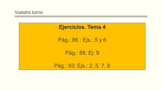 Vuestro turno
Ejercicios. Tema 4
Pág.: 86 : Ejs.: 5 y 6
Pág.: 88; Ej: 9
Pág.: 93; Ejs.: 2, 5, 7, 8
 