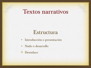 Textos narrativos Estructura Introducción o presentación Nudo o desarrollo Desenlace 
