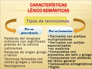 Tipos de tecnicismos
                Por su
                               Por su formación
              procedencia
                              Derivados con prefijos
   Palabras del lenguaje     multiplicadores
    ordinario con significado Derivados con sufijos
    preciso en la ciencia     especializados
   Latinismos                en medicina
   Palabras de origen griego Compuestos con
    o latino                  elementos del latín y griego
   Términos formados con Compuestos con palabras
    raíces griegas y latinas  del léxico general
                              Compuestos sintagmáticos
   Neologismos               Sigla s
 