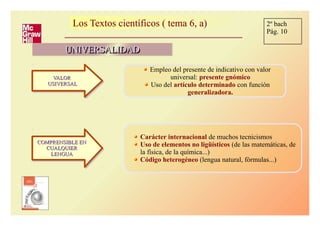 Los Textos científicos ( tema 6, a)Los Textos científicos ( tema 6, a)
UNIVERSALIDADUNIVERSALIDADUNIVERSALIDADUNIVERSALIDAD
Empleo del presente de indicativo con valor
universal: presente gnómico
Uso del artículo determinado con función
generalizadora.
VALORVALOR
USIVERSALUSIVERSAL
VALORVALOR
USIVERSALUSIVERSAL
Carácter internacional de muchos tecnicismos
Uso de elementos no ligüísticos (de las matemáticas, de
la física, de la química...)
Código heterogéneo (lengua natural, fórmulas...)
COMPRENSIBLE ENCOMPRENSIBLE EN
CUALQUIERCUALQUIER
LENGUALENGUA
COMPRENSIBLE ENCOMPRENSIBLE EN
CUALQUIERCUALQUIER
LENGUALENGUA
2º bach
Pág. 10
 