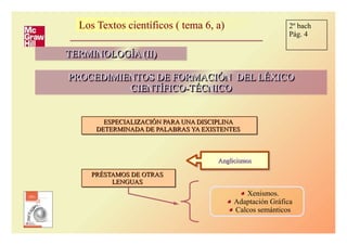 Los Textos científicos ( tema 6, a)Los Textos científicos ( tema 6, a)
TERMINOLOGÍA (II)TERMINOLOGÍA (II)TERMINOLOGÍA (II)TERMINOLOGÍA (II)
PROCEDIMIENTOS DE FORMACIÓN DEL LÉXICOPROCEDIMIENTOS DE FORMACIÓN DEL LÉXICO
CIENTÍFICO-TÉCNICOCIENTÍFICO-TÉCNICO
PROCEDIMIENTOS DE FORMACIÓN DEL LÉXICOPROCEDIMIENTOS DE FORMACIÓN DEL LÉXICO
CIENTÍFICO-TÉCNICOCIENTÍFICO-TÉCNICO
ESPECIALIZACIÓN PARA UNA DISCIPLINAESPECIALIZACIÓN PARA UNA DISCIPLINA
DETERMINADA DE PALABRAS YA EXISTENTESDETERMINADA DE PALABRAS YA EXISTENTES
ESPECIALIZACIÓN PARA UNA DISCIPLINAESPECIALIZACIÓN PARA UNA DISCIPLINA
DETERMINADA DE PALABRAS YA EXISTENTESDETERMINADA DE PALABRAS YA EXISTENTES
PRÉSTAMOS DE OTRASPRÉSTAMOS DE OTRAS
LENGUASLENGUAS
PRÉSTAMOS DE OTRASPRÉSTAMOS DE OTRAS
LENGUASLENGUAS
AnglicismosAnglicismosAnglicismosAnglicismos
Xenismos.
Adaptación Gráfica
Calcos semánticos
2º bach
Pág. 4
 