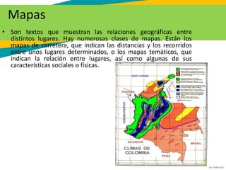 GC-F-004 V.01
Mapas
• Son textos que muestran las relaciones geográficas entre
distintos lugares. Hay numerosas clases de mapas. Están los
mapas de carretera, que indican las distancias y los recorridos
entre unos lugares determinados, o los mapas temáticos, que
indican la relación entre lugares, así como algunas de sus
características sociales o físicas.
 