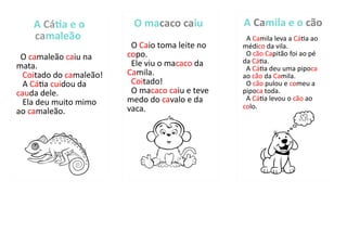 A Cátia e o
camaleão
O camaleão caiu na
mata.
Coitado do camaleão!
A Cátia cuidou da
cauda dele.
Ela deu muito mimo
ao camaleão.
O macaco caiu
O Caio toma leite no
copo.
Ele viu o macaco da
Camila.
Coitado!
O macaco caiu e teve
medo do cavalo e da
vaca.
A Camila e o cão
A Camila leva a Cátia ao
médico da vila.
O cão Capitão foi ao pé
da Cátia.
A Cátia deu uma pipoca
ao cão da Camila.
O cão pulou e comeu a
pipoca toda.
A Cátia levou o cão ao
colo.
 