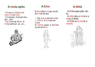 É o puma. O puma é
mau, muito mau.
É a poupa. A poupa pia…
pia... pia…
É a mota do Tomé. A
mota apita pi...pi...pi...
A mota apita
A Ema põe o mapa ao pé
da mota do pai.
— Pai, é o mapa da mata.
— É Ema. É o mapa da
mata.
O mémé papa o tomate
ao pé da Ema.
A Ema
A Mitó papa pão- de-
ló.
A mãe deu a meia e a
mala à Mitó.
A Mitó ama muito a
mamã.
A Mitó
 