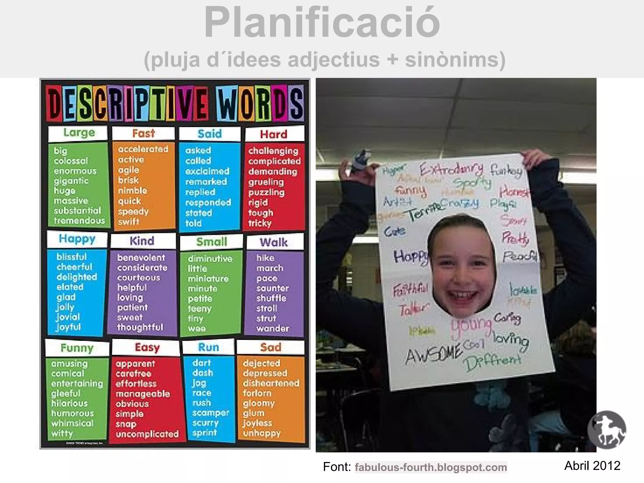 Planificació
(pluja d´idees adjectius + sinònims)




                 Font: fabulous-fourth.blogspot.com   Abril 2012
 