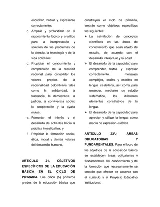 escuchar, hablar y expresarse 
correctamente; 
c. Ampliar y profundizar en el 
razonamiento lógico y analítico 
para la interpretación y 
solución de los problemas de 
la ciencia, la tecnología y de la 
vida cotidiana; 
d. Propiciar el conocimiento y 
comprensión de la realidad 
nacional para consolidar los 
valores propios de la 
nacionalidad colombiana tales 
como la solidaridad, la 
tolerancia, la democracia, la 
justicia, la convivencia social, 
la cooperación y la ayuda 
mutua; 
e. Fomentar el interés y el 
desarrollo de actitudes hacia la 
práctica investigativa; y 
f. Propiciar la formación social, 
ética, moral y demás valores 
del desarrollo humano. 
ARTICULO 21. OBJETIVOS 
ESPECÍFICOS DE LA EDUCACIÓN 
BÁSICA EN EL CICLO DE 
PRIMARIA. Los cinco (5) primeros 
grados de la educación básica que 
constituyen el ciclo de primaria, 
tendrán como objetivos específicos 
los siguientes: 
 La asimilación de conceptos 
científicos en las áreas de 
conocimiento que sean objeto de 
estudio, de acuerdo con el 
desarrollo intelectual y la edad. 
 El desarrollo de la capacidad para 
comprender textos y expresar 
correctamente mensajes 
complejos, orales y escritos en 
lengua castellana, así como para 
entender, mediante un estudio 
sistemático, los diferentes 
elementos constitutivos de la 
lengua. 
 El desarrollo de la capacidad para 
apreciar y utilizar la lengua como 
medio de expresión estética. 
ARTÍCULO 23º.- ÁREAS 
OBLIGATORIAS Y 
FUNDAMENTALES. Para el logro de 
los objetivos de la educación básica 
se establecen áreas obligatorias y 
fundamentales del conocimiento y de 
la formación que necesariamente se 
tendrán que ofrecer de acuerdo con 
el currículo y el Proyecto Educativo 
Institucional. 
 