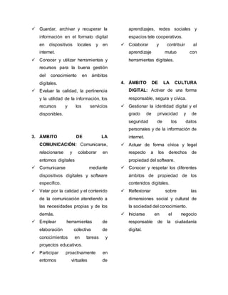 Guardar, archivar y recuperar la 
información en el formato digital 
en dispositivos locales y en 
internet. 
 Conocer y utilizar herramientas y 
recursos para la buena gestión 
del conocimiento en ámbitos 
digitales. 
 Evaluar la calidad, la pertinencia 
y la utilidad de la información, los 
recursos y los servicios 
disponibles. 
3. ÁMBITO DE LA 
COMUNICACIÓN: Comunicarse, 
relacionarse y colaborar en 
entornos digitales 
 Comunicarse mediante 
dispositivos digitales y software 
específico. 
 Velar por la calidad y el contenido 
de la comunicación atendiendo a 
las necesidades propias y de los 
demás. 
 Emplear herramientas de 
elaboración colectiva de 
conocimientos en tareas y 
proyectos educativos. 
 Participar proactivamente en 
entornos virtuales de 
aprendizajes, redes sociales y 
espacios tele cooperativos. 
 Colaborar y contribuir al 
aprendizaje mutuo con 
herramientas digitales. 
4. ÁMBITO DE LA CULTURA 
DIGITAL: Activar de una forma 
responsable, segura y cívica. 
 Gestionar la identidad digital y el 
grado de privacidad y de 
seguridad de los datos 
personales y de la información de 
internet. 
 Actuar de forma cívica y legal 
respecto a los derechos de 
propiedad del software. 
 Conocer y respetar los diferentes 
ámbitos de propiedad de los 
contenidos digitales. 
 Reflexionar sobre las 
dimensiones social y cultural de 
la sociedad del conocimiento. 
 Iniciarse en el negocio 
responsable de la ciudadanía 
digital. 
 