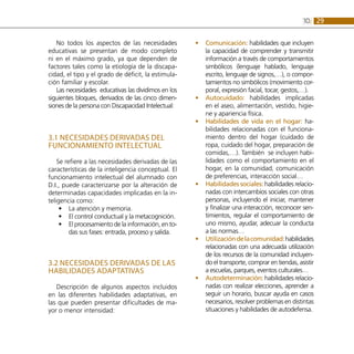 29
10:
No todos los aspectos de las necesidades
educativas se presentan de modo completo
ni en el máximo grado, ya que dependen de
factores tales como la etiología de la discapa-
cidad, el tipo y el grado de déficit, la estimula-
ción familiar y escolar.
Las necesidades educativas las dividimos en los
siguientes bloques, derivados de las cinco dimen-
siones de la persona con Discapacidad Intelectual:
3.1 Necesidades derivadas del
funcionamiento intelectual
Se refiere a las necesidades derivadas de las
características de la inteligencia conceptual. El
funcionamiento intelectual del alumnado con
D.I., puede caracterizarse por la alteración de
determinadas capacidades implicadas en la in-
teligencia como:
La atención y memoria.
•
•
El control conductual y la metacognición.
•
•
El procesamiento de la información, en to-
•
•
das sus fases: entrada, proceso y salida.
3.2 Necesidades derivadas de las
habilidades adaptativas
Descripción de algunos aspectos incluidos
en las diferentes habilidades adaptativas, en
las que pueden presentar dificultades de ma-
yor o menor intensidad:
Comunicación:
•
• habilidades que incluyen
la capacidad de comprender y transmitir
información a través de comportamientos
simbólicos (lenguaje hablado, lenguaje
escrito, lenguaje de signos,…), o compor-
tamientos no simbólicos (movimiento cor-
poral, expresión facial, tocar, gestos,…).
Autocuidado:
•
• habilidades implicadas
en el aseo, alimentación, vestido, higie-
ne y apariencia física.
Habilidades de vida en el hogar:
•
• ha-
bilidades relacionadas con el funciona-
miento dentro del hogar (cuidado de
ropa, cuidado del hogar, preparación de
comidas,…). También se incluyen habi-
lidades como el comportamiento en el
hogar, en la comunidad, comunicación
de preferencias, interacción social…
Habilidades sociales:
•
• habilidades relacio-
nadas con intercambios sociales con otras
personas, incluyendo el iniciar, mantener
y finalizar una interacción, reconocer sen-
timientos, regular el comportamiento de
uno mismo, ayudar, adecuar la conducta
a las normas…
Utilizacióndelacomunidad:
•
• habilidades
relacionadas con una adecuada utilización
de los recursos de la comunidad incluyen-
do el transporte, comprar en tiendas, asistir
a escuelas, parques, eventos culturales…
Autodeterminación:
•
• habilidades relacio-
nadas con realizar elecciones, aprender a
seguir un horario, buscar ayuda en casos
necesarios, resolver problemas en distintas
situaciones y habilidades de autodefensa.
 
