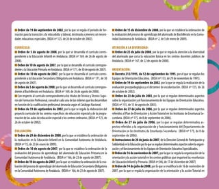 Orden de 19 de septiembre de 2002, por la que se regula el periodo de for-
mación para la transición a la vida adulta y laboral, destinado a jóvenes con necesi-
dades educativas especiales. (BOJA nº 125, de 26 de octubre de 2002).
Currículo:
Orden de 5 de agosto de 2008, por la que se desarrolla el currículo corres-
pondiente a la Educación Infantil en Andalucía. (BOJA nº 169, de 26 de agosto de
2008).
Orden de 10 de agosto de 2007, por la que se desarrolla el currículo correspon-
dientealaEducaciónPrimariaenAndalucía.(BOJAnº171,de30deagostode2007).
Orden de 10 de agosto de 2007, por la que se desarrolla el currículo corres-
pondiente a la Educación Secundaria Obligatoria en Andalucía. (BOJA nº 171, de 30
de agosto de 2007).
Orden de 5 de agosto de 2008, por la que se desarrolla el currículo correspon-
diente al Bachillerato en Andalucía. (BOJA nº 169, de 26 de agosto de 2008).
Con respecto al currículo correspondiente a los títulos deTécnico yTécnico Supe-
riordeFormaciónProfesional,consultarcadaunadelasórdenesquelosdesarrollan
en función de la cualificación profesional deseada según el Catálogo Nacional.
Orden de 19 de septiembre de 2002, por la que se regula la elaboración del
proyecto curricular de los centros específicos de educación especial y de la progra-
macióndelasaulasdeeducaciónespecialeloscentrosordinarios.(BOJAnº125,de
26 de octubre de 2002).
Evaluación:
Orden de 29 de diciembre de 2008, por la que se establece la ordenación de
la evaluación en la Educación Infantil en la Comunidad Autónoma de Andalucía.
(BOJA nº 15, de 23 de enero de 2009).
Orden de 10 de agosto de 2007, por la que se establece la ordenación de la
evaluación del proceso de aprendizaje del alumnado de Educación Primaria en la
Comunidad Autónoma de Andalucía. (BOJA nº 166, de 23 de agosto de 2007).
Ordende10deagostode2007,porlaqueseestablecelaordenacióndelaeva-
luacióndelprocesodeaprendizajedelalumnadodeEducaciónSecundariaObligatoria
enlaComunidadAutónomadeAndalucía. (BOJAnº166,de23deagostode2007).
Orden de 15 de diciembre de 2008, por la que se establece la ordenación de
la evaluación del proceso de aprendizaje del alumnado de Bachillerato en la Comu-
nidad Autónoma de Andalucía. (BOJA nº 2, de 5 de enero de 2009).
Atención a la Diversidad:
Orden de 25 de julio de 2008, por la que se regula la atención a la diversidad
del alumnado que cursa la educación básica en los centros docentes públicos de
Andalucía. (BOJA nº 167, de 22 de agosto de 2008).
Orientación:
Decreto 213/1995, de 12 de septiembre de 1995, por el que se regulan los
Equipos de Orientación Educativa. (BOJA nº 153, de 29 de noviembre de 1995).
Orden de 19 de septiembre de 2002, por la que se regula la realización de la
evaluación psicopedagógica y el dictamen de escolarización. (BOJA nº 125, de 26
de octubre de 2002).
Orden de 23 de julio de 2003, por la que se regulan determinados aspectos
sobre la organización y el funcionamiento de los Equipos de Orientación Educativa.
(BOJA nº 155, de 13 de agosto de 2003).
Orden de 27 de julio de 2006, por la que se regulan determinados aspectos
referidos al Plan de Orientación y AcciónTutorial en los Institutos de Enseñanza Se-
cundaria. (BOJA nº 175, de 8 de septiembre de 2006).
Orden de 27 de julio de 2006, por la que se regulan determinados as-
pectos referidos a la organización de y funcionamiento del Departamento de
Orientación en los Institutos de Enseñanza Secundaria. (BOJA nº 175, de 8 de
septiembre de 2006).
Instrucciones de 28 de junio de 2007, de la Dirección General de Participación y
SolidaridadenlaEducaciónporlaqueseregulandeterminadosaspectossobrelaorgani-
zaciónyelfuncionamientodelosEquiposdeOrientaciónEducativaEspecializados.
Ordende16denoviembrede2007,porlaqueseregulalaorganizacióndela
orientación y la acción tutorial en los centros públicos que imparten las enseñanzas
de Educación Infantil y Primaria. (BOJA nº246, de 17 de diciembre de 2007)
Ordende14dejuliode2008,porlaquesemodificalade16denoviembrede
2007, por la que se regula la organización de la orientación y la acción Tutorial en
 