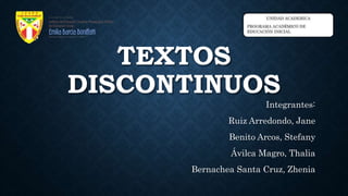 TEXTOS
DISCONTINUOS
Integrantes:
Ruiz Arredondo, Jane
Benito Arcos, Stefany
Ávilca Magro, Thalia
Bernachea Santa Cruz, Zhenia
 