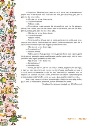 parte 2 - contos130
— Sapateiro, dá-me sapatos, para eu dar à velha, para a velha me dar
capim, para eu dar à vaca, para a vaca me dar leite, para eu dar ao gato, para o
gato me dar o meu rabo.
— Não dou; só se me deres cerda.
— Donde tiro cerda?
— Pede ao porco.
— Porco, dá-me cerda, para eu dar ao sapateiro, para me dar sapatos,
para eu dar à velha, para me dar capim, para eu dar à vaca, para me dar leite,
para eu dar ao gato, para me dar o meu rabo.
— Não dou; só se me deres chuva.
— Donde tiro chuva?
— Pede às nuvens.
— Nuvens, dai-me chuva, para o porco, para dar-me cerda para o sa-
pateiro, para dar-me sapatos para dar à velha, para me dar capim para dar à
vaca, para dar-me leite para dar ao gato, para dar meu rabo…
— Não dou; só se me deres fogo.
— Donde tiro fogo?
— Pede às pedras.
— Pedras, dai-me fogo, para as nuvens, para a chuva para o porco, para
cerda para o sapateiro, para sapatos para a velha, para capim para a vaca,
para leite para o gato, para me dar meu rabo.
— Não dou; só se me deres rios.
— Donde tiro rios?
— Pede às fontes.
— Fontes, dai-me rios, os rios ser para as pedras, as pedras me dar fogo,
o fogo ser para as nuvens, as nuvens me dar chuvas, as chuvas ser para o
porco, o porco me dar cerda, a cerda ser para o sapateiro, o sapateiro fazer os
sapatos, os sapatos ser para a velha, a velha me dar capim, o capim ser para
a vaca, a vaca me dar o leite, o leite ser para o gato, o gato me dar meu rabo.
Alcançou o macaco todos os seus pedidos. O gato bebeu o leite, entre-
gou o rabo. O macaco não quis mais, porque o rabo estava podre.
	 (Versão de Pernambuco, coletada por Sílvio Romero)
Livro de Textos_Aluno.indd 130 2009-11-05 15:36
 