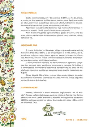 parte 3 - biografias190
Cecília Meireles
Cecília Meireles nasceu em 7 de novembro de 1901, no Rio de Janeiro,
e morreu em 9 de novembro de 1964, nessa mesma cidade. Dedicou sua vida
às letras, escrevendo suas obras e lecionando Literatura Brasileira. Seus es-
critos caracterizam-se pela grande sensibilidade e delicadeza.
Algumas de suas obras são: Espectros; Vaga música; Romanceiro da In-
confidência (poesia); Giroflê, giroflá; Escolha seu sonho (prosa).
Além de ser uma grande representante da poesia brasileira, uma das
mais célebres, destacou-se ainda em outros gêneros como: crônicas, contos,
romances etc.
Gonçalves Dias
A cidade de Caxias, no Maranhão, foi berço do grande poeta Antônio
Gonçalves Dias (1823-1864). O pai era português e a mãe, cafuza, isto é,
mestiça de índio com negro: tinha o poeta, no sangue, a herança de três po-
vos. Manifestou em seus versos a influência desse cruzamento, demonstran-
do atração irresistível pelo indígena brasileiro.
O maior poeta lírico brasileiro. Na literatura nacional, representa Gonçal-
ves Dias o mesmo papel que Alencar no romance: o cantor de Os Timbiras e
o romancista de Iracema têm a face comum do indianismo. Foi ainda um dos
chefes do movimento que libertou as nossas letras do velho classicismo por-
tuguês.
Obras: Marabá; Mãe d’água; Leito de folhas verdes; Gigante de pedra;
I-Juca Pirama; Os Timbiras; Sextilhas de frei Antão; Primeiros contos; Segundos
contos; Dicionário da língua tupi.
Santos Dumont
Inventor, construtor e aviador brasileiro, cognominado “Pai da Avia-
ção”. Nasceu na Fazenda Cabangu, perto da cidade de Palmira, hoje Santos
Dumont, em Minas Gerais. Resolveu o problema da dirigibilidade dos balões
(1901) e realizou o primeiro voo público de um avião, com o seu 14-Bis, em 23
de outubro de 1906.
Livro de Textos_Aluno.indd 190 2009-11-05 15:37
 