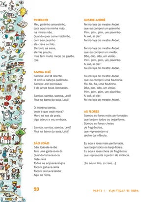 parte 1 - cantigas de roda28
Pintinho
Meu pintinho amarelinho,
cata aqui na minha mão,
na minha mão.
Quando quer comer bichinho,
com seu pezinho
ele cisca o chão.
Ele bate as asas,
ele faz piu-piu,
mas tem muito medo do gavião.
[bis]
Samba Lelê
Samba Lelê tá doente,
tá com a cabeça quebrada.
Samba Lelê precisava
é de umas boas lambadas.
Samba, samba, samba, Lelê!
Pisa na barra da saia, Lalá!
Ó, morena bonita,
onde é que você mora?
Moro na rua da praia,
digo adeus e vou embora.
Samba, samba, samba, Lelê!
Pisa na barra da saia, Lalá!
São João
São João-da-ra-rão
Tem uma gaita-ra-rai-ta
Quando toca-ra-ro-ca
Bate nela
Todos os anjos-ra-ran-jos
Tocam gaita-ra-rai-ta
Tocam tan-ta-ra-tan-to
Aqui na Terra.
Mestre André
Foi na loja do mestre André
que eu comprei um pianinho
Plim, plim, plim, um pianinho
Ai olé, ai olé!
Foi na loja do mestre André.
Foi na loja do mestre André
que eu comprei um violão.
Dão, dão, dão, um violão
Plim, plim, plim, um pianinho
Ai olé, ai olé!
Foi na loja do mestre André.
Foi na loja do mestre André
que eu comprei uma flautinha.
Fla, fla, fla, uma flautinha.
Dão, dão, dão, um violão,
Plim, plim, plim, um pianinho.
Ai olé, ai olé!
Foi na loja do mestre André.
As flores
Somos as flores mais perfumadas
que beijam todos os beija-flores.
Somos as flores cheias
de fragrâncias,
que representam o
jardim da infância.
Eu sou a rosa mais perfumada,
que beija todos os beija-flores.
Eu sou a rosa cheia de fragrância
que representa o jardim de infância.
[Eu sou o lírio, o cravo…]
Livro de Textos_Aluno.indd 28 2009-11-05 15:35
 