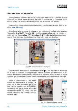 Textos en fotos			 	
62 	 Técnico Universitario en Fotografía 
Marca de agua en fotografías
Un recurso muy utilizado por los fotógrafos para preservar la propiedad de una
fotografía, es aplicar sobre la misma una marca de agua que lo identifique y que
ésta, a su vez, no moleste visualmente sino que se integre a la imagen.
Para explicar el procedimiento se realizará un ejercicio paso a paso. Abrir el ar-
chivo img. 03.4.jpg.
Seleccionar la herramienta de texto y en sus opciones de configuración asignar;
Tipografía: Arial Bold - Tamaño: 80 - Justificar: Centrado y sobre la imagen es-
cribir la frase Terminal de E ómnibus de E San Luis. Las dos pulsacio-
nes en Enter tiene por objeto bajar una línea entre cada una de ellas.
Seguidamente manteniendo presionada la tecla A dar clic sobre la miniatura
de la capa de texto en el diálogo Capas, esto es lo mismo que seleccionar el co-
mando Alfa a selección en el menú contextual de las capas. Sobre el texto se podrá
apreciar que se han seleccionado los caracteres mostrando el desfile de hormigas.
Ahora se debe activar la capa Fondo
dando clic sobre ella en el diálogo Ca-
pas y con el atajo de teclado Cc co-
piar. Dar clic sobre la capa de texto para
activarla y con Cv pegar. Automáti-
camente se creará una nueva capa Se-
lección flotante (Capa pegado) sobre la
capa de texto.
Fig. 25.4. Texto aplicado sobre la imagen.
Fig. 26.4. Selección flotante creada.
 